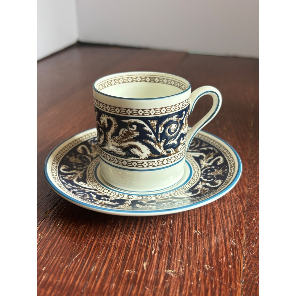 Wedgwood Florentine Dark Blue Demitasse Cup Saucer Bone China W1956 England